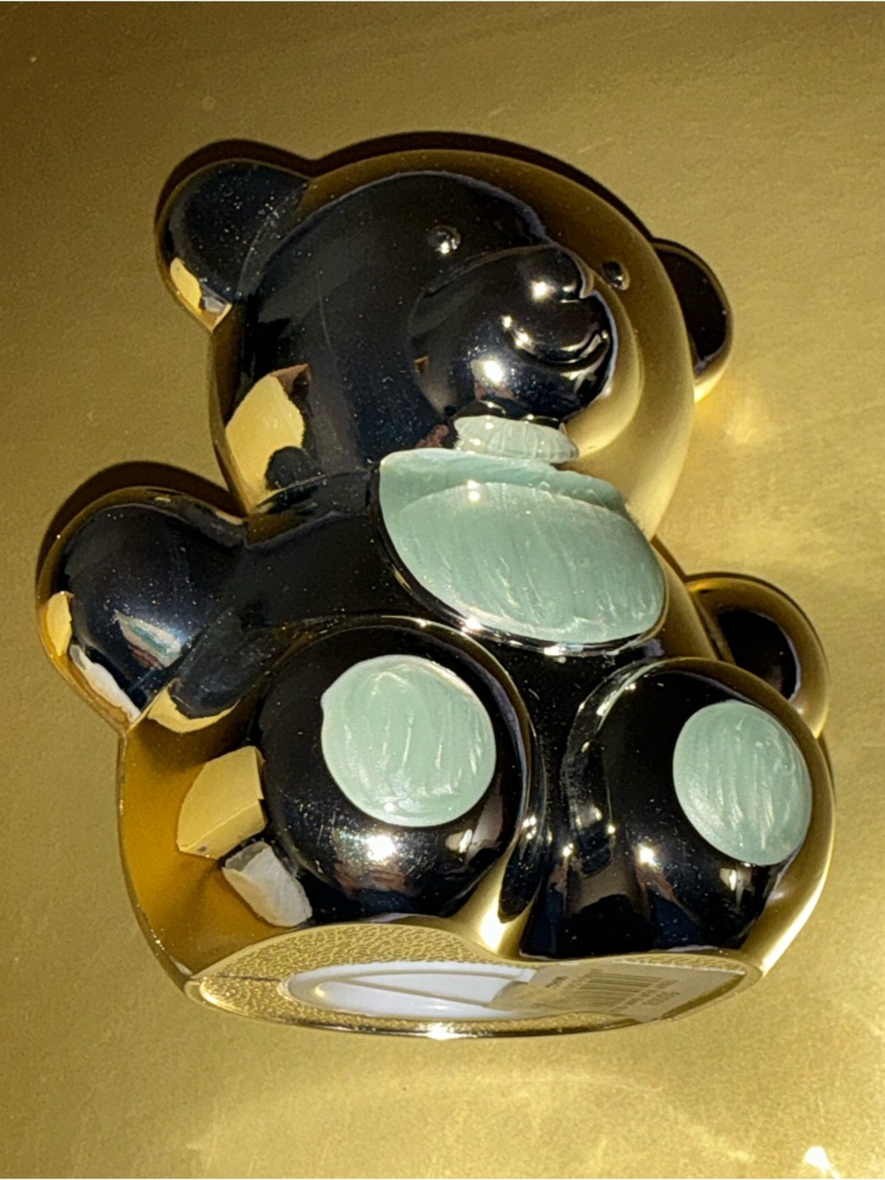 Metal Ceramic Bear Coin Bank Figurine Colored Reflective Steel and Mint Blue